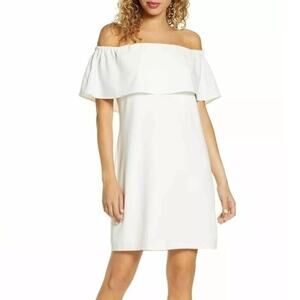 Charles Henry Dress Off The Shoulder Ruffle Overlay Mini Ivory White NWT XS